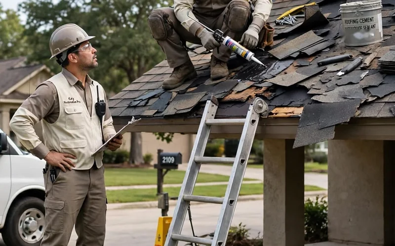 Technician inspecting a roof in a Katy neighborhood