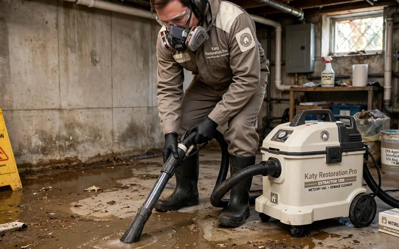 Technician removing water from a flooded basement floor in Katy TX