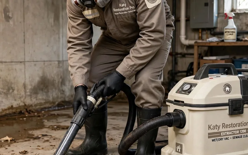 Technician using an extraction wand on a wet floor in Katy TX