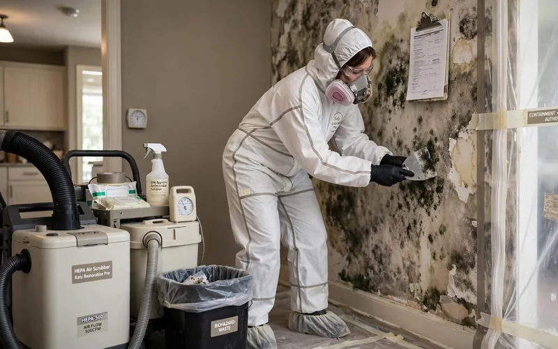 Technician in protective suit removing mold from a wall